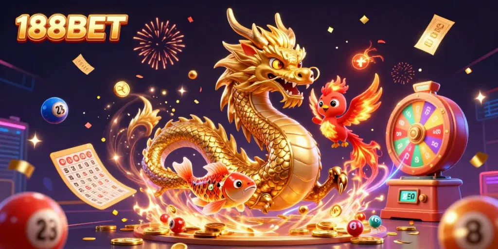 Engage with 188BET's exciting gaming experience through a dynamic scene of a golden dragon, red phoenix, and koi fish.