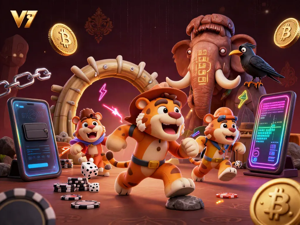 Engage with the thrilling atmosphere of V79's casino scene showcasing a prehistoric duo, vibrant cryptocurrency elements, and dynamic action.