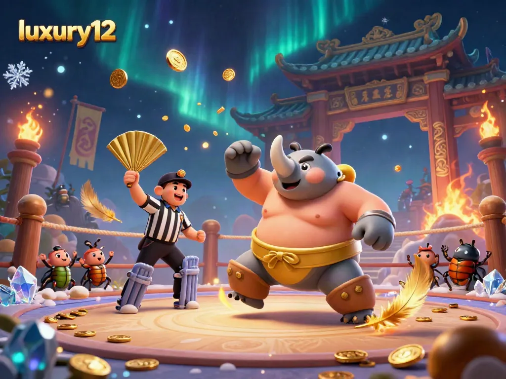 Engage in thrilling gameplay at luxury12 with a dynamic scene of a beetle sumo match amidst swirling gold.