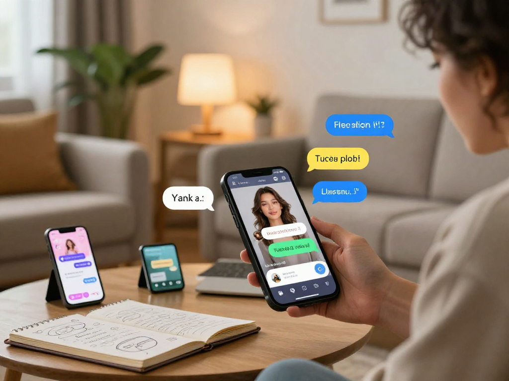 User interacting with AI chat porn interface on smartphone in a cozy living room setting, showcasing an engaging virtual experience.