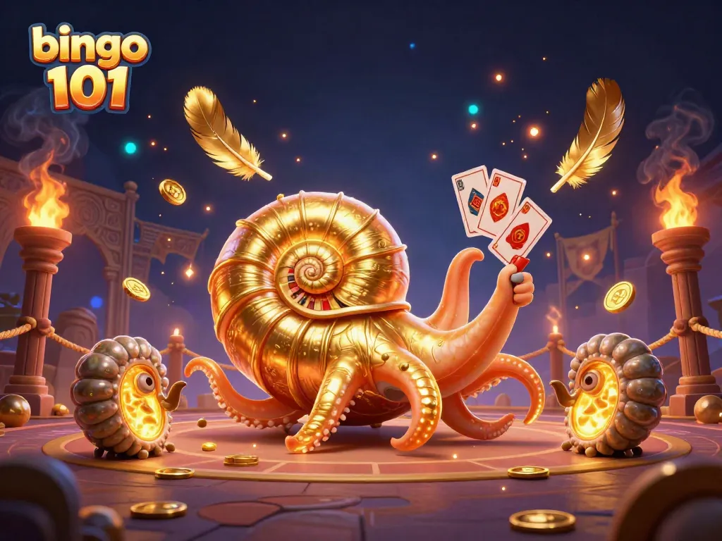 Gamer memainkan bingo 101 dengan karakter unik nautilus di latar belakang bertema kasino.