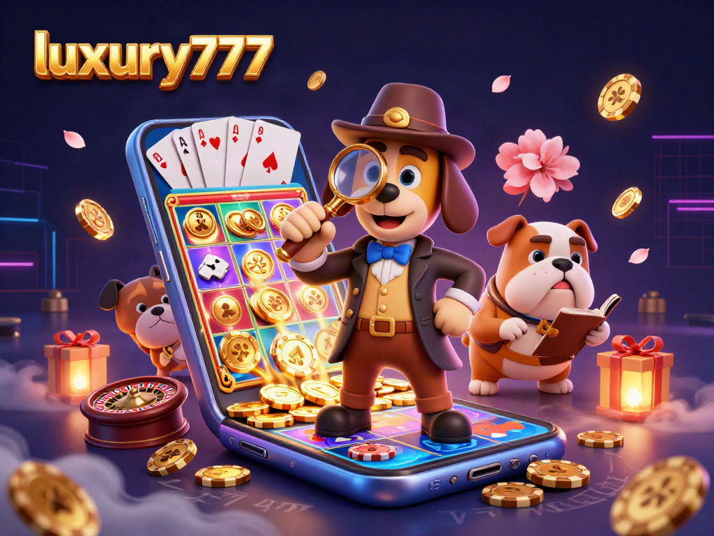Menangi di luxury777 dengan petunjuk poker chip emas dan permainan slot berwarna-warni yang berputar.