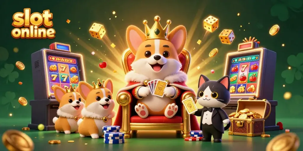 Slot online mengasyikkan dengan corgi kerajaan, slot mesin, dan peti harta penuh emas.