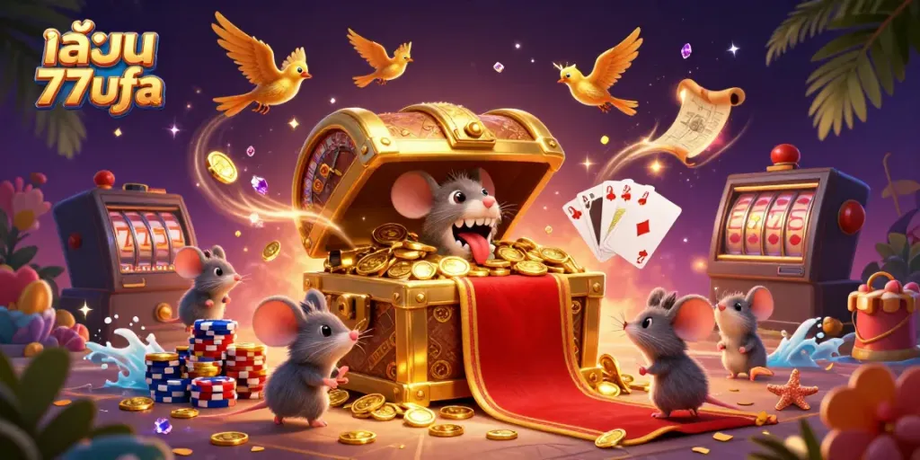 Experience the thrill as you play 77ufa with vibrant casino elements, including treasure chests and golden coins.