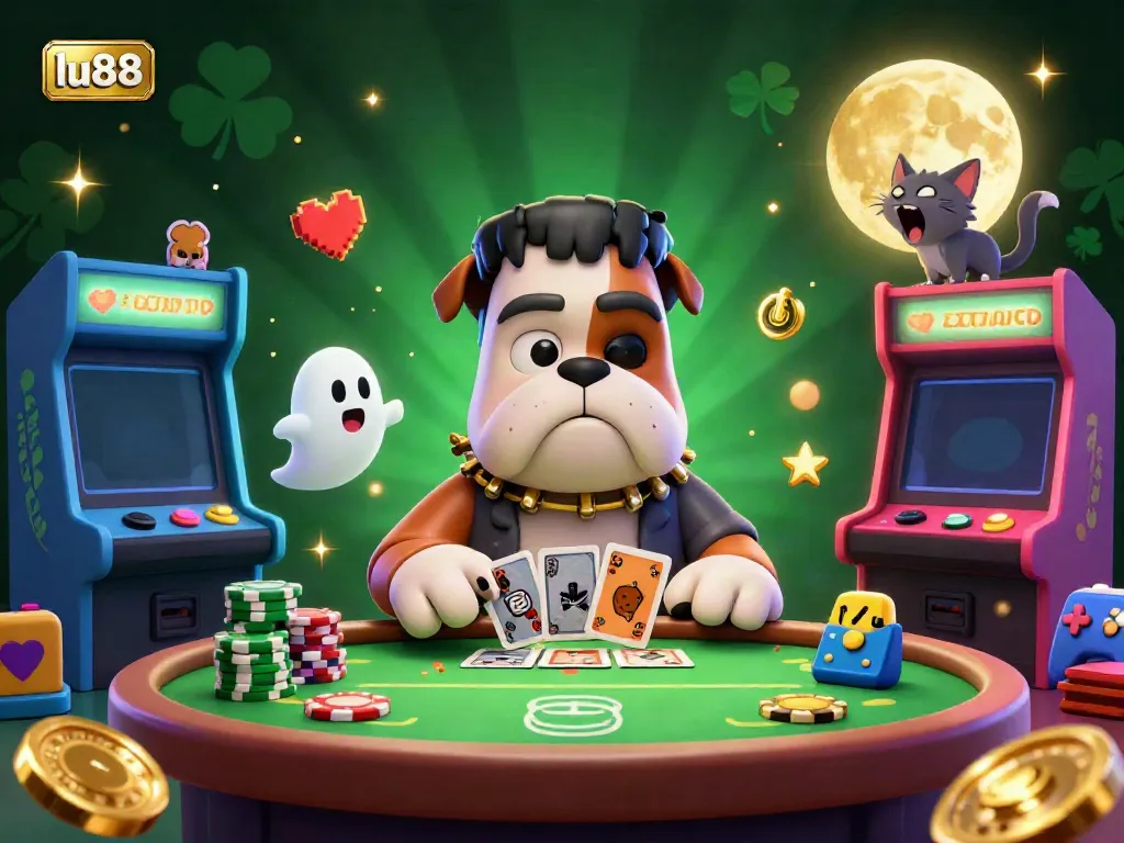 lu88 showcases a lively casino scene with a cartoon bulldog dealer and vibrant gaming elements.