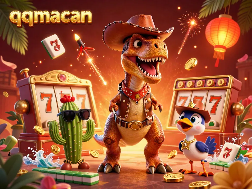 Engage with the QQMacan adventure featuring a cowboy T-Rex and friends celebrating wins with slot reels and gold coins.