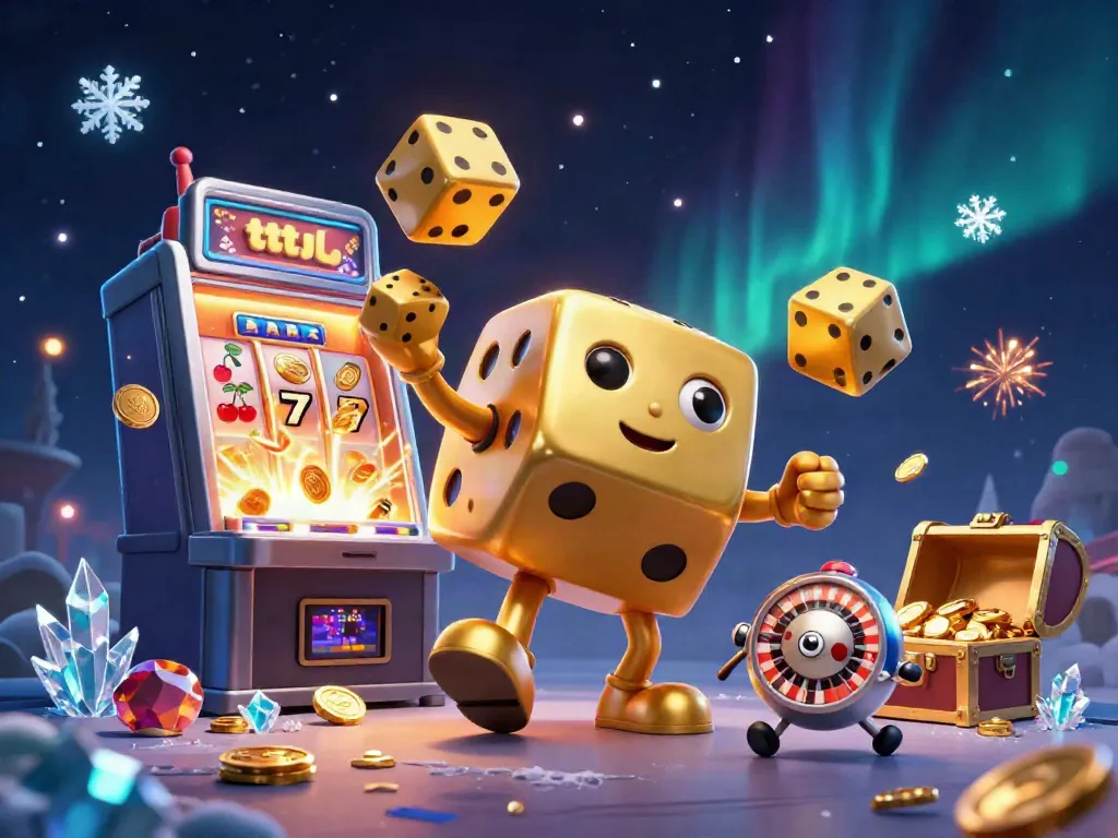 Experience the thrill of tttjl with a dazzling 3D illustration of a dice golem amidst casino excitement.