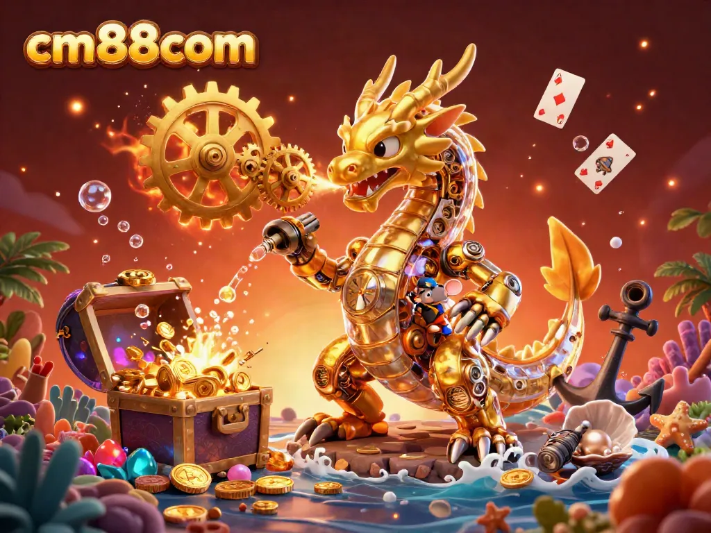 Experience cm88com's thrilling gaming adventure with a golden dragon, coins, and vibrant treasures.