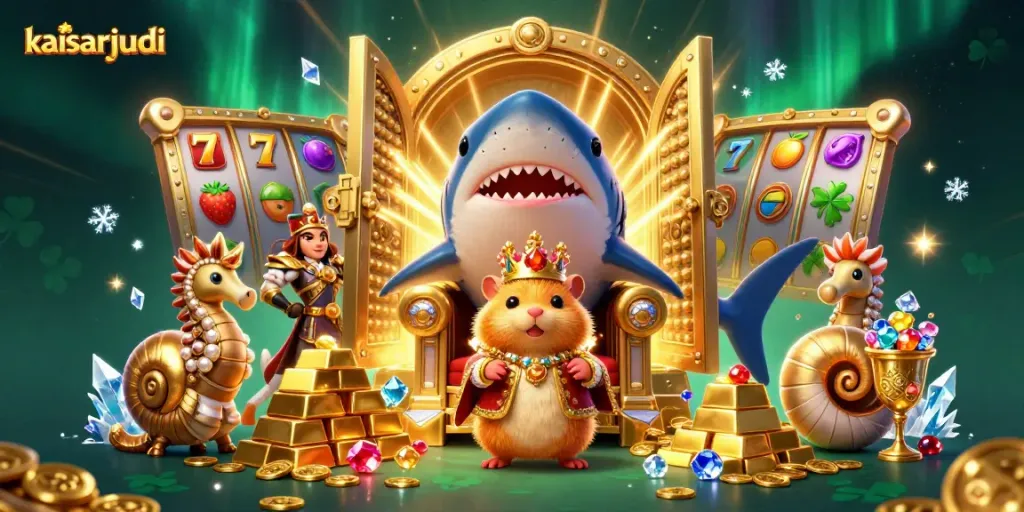 Kaisarjudi's captivating casino scene showcases a golden hamster king with slot reels, treasures, and royal guards.