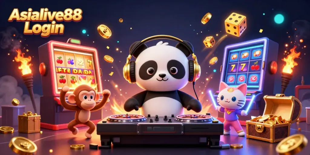 Join the fun at Asialive88 Login with a vibrant 3D illustration showcasing a DJ panda, monkey, and kitten in a lively casino setting.