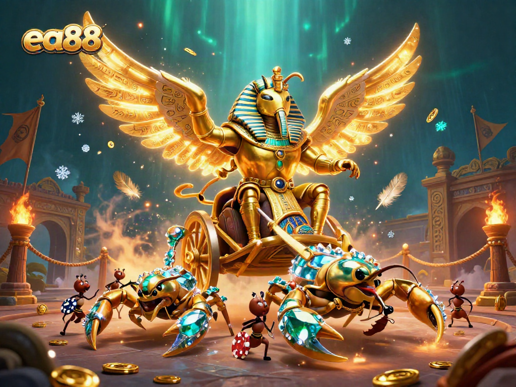 Bet on great odds with ea88, featuring a golden scarab beetle and poker chips in a vibrant casino scene.