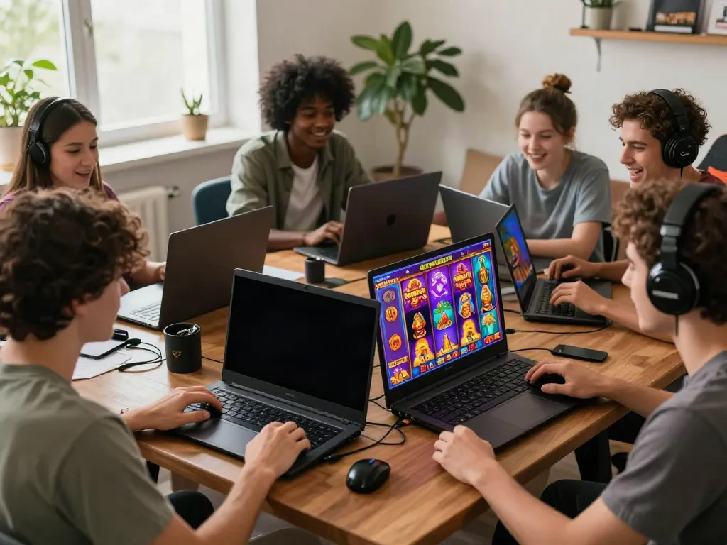 Friends enjoying a lively online gaming session on bro138, showcasing popular slot games on multiple devices.