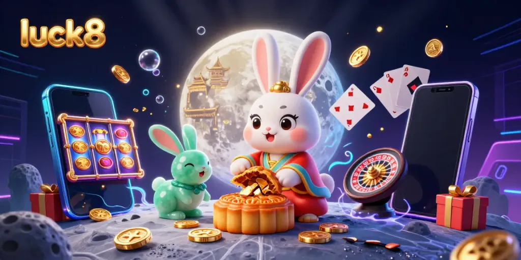 Experience the excitement of luck8 casino games with a whimsical lunar illustration featuring gambling elements.