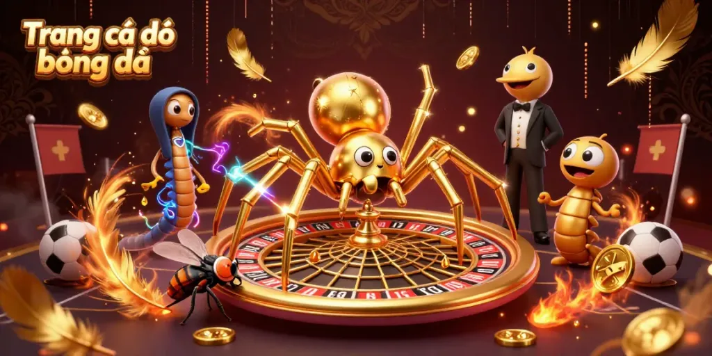 Trang cá độ bóng đá with a golden spider betting at a roulette-shaped web with dynamic sports elements