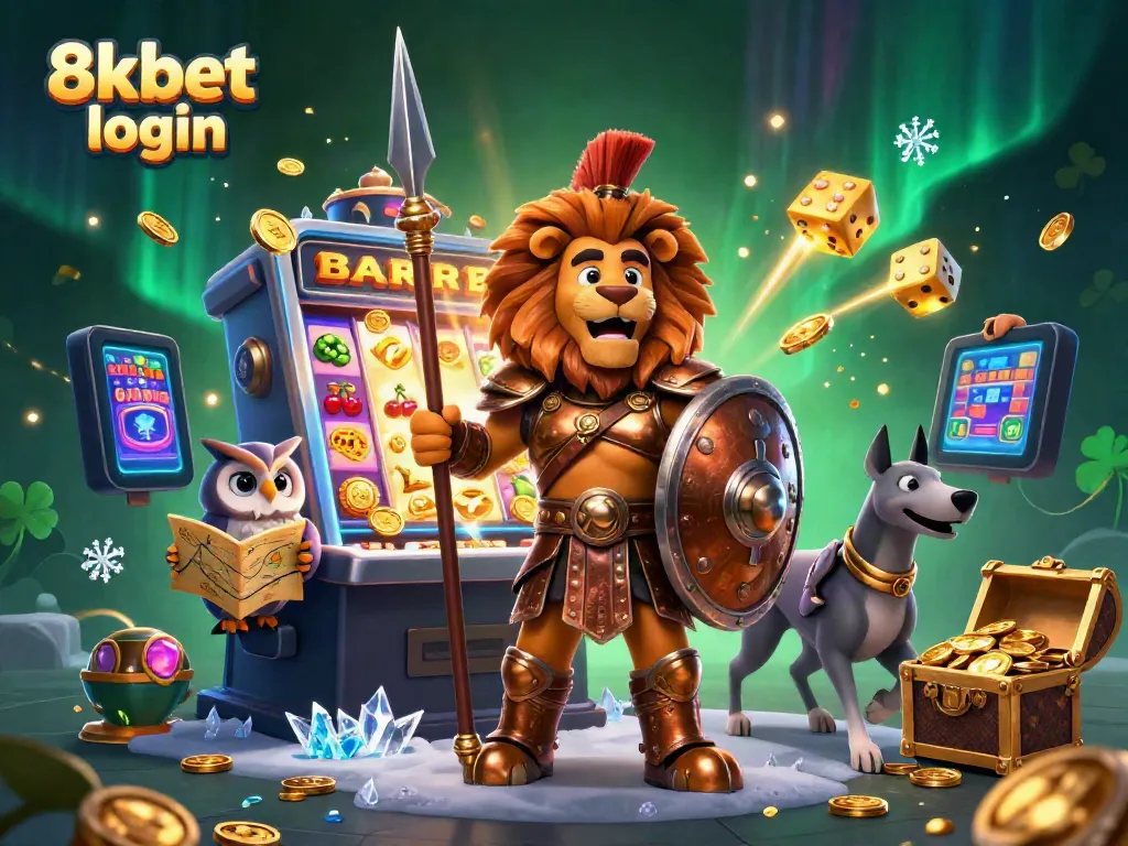 Experience the thrill of 8xbet login with this vibrant 3D illustration of a Spartan lion, tactical owl strategist, and swift greyhound surrounded by exciting casino elements.